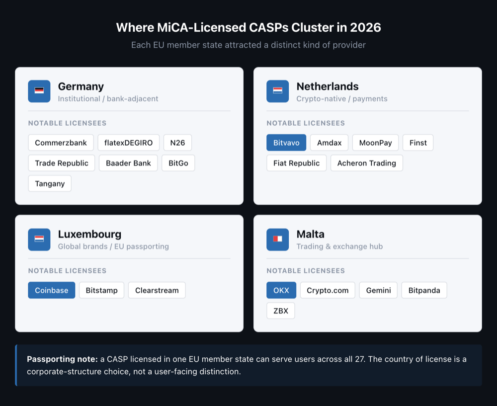 2x2 card matrix showing where MiCA-licensed CASPs cluster: Germany (institutional), Netherlands (crypto-native/payments), Luxembourg (passporting), Malta (trading hubs)