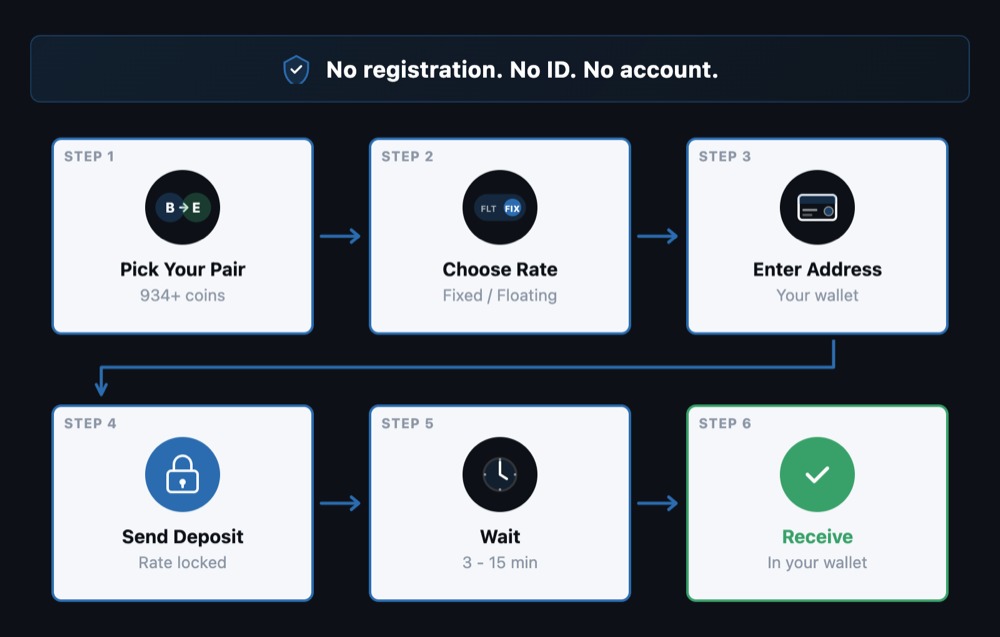 Hero process flow showing all 6 steps (Pick Pair → Choose Rate → Enter Address → Send Deposit [lock highlight] → Wait → Receive) as a visual table of contents