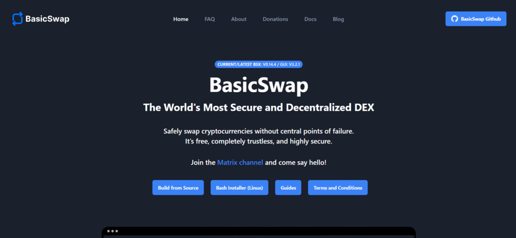 BasicSwap homepage showing atomic swap technology and trustless trading features for best no kyc crypto exchanges in the United States