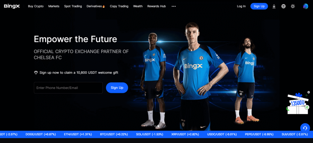 BingX homepage interface displaying copy trading features and 1000+ cryptocurrencies for best no kyc crypto exchanges in the United Kingdom