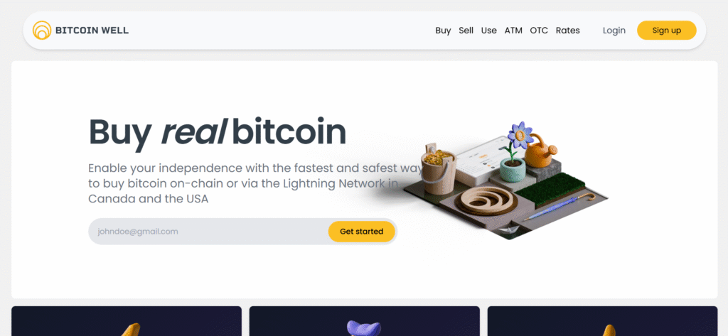 Bitcoin Well homepage featuring Bitcoin-only platform with Canadian operations among top KYC-free crypto platforms