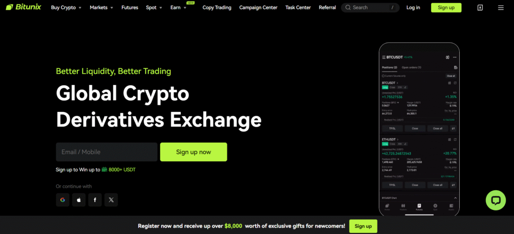 Bitunix trading platform homepage offering high limits among best no kyc crypto exchanges 