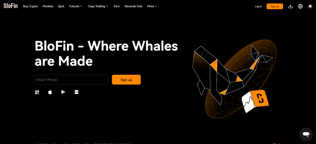 BloFin homepage interface showing institutional-grade trading platform with advanced tools for best no kyc crypto exchanges in the United States