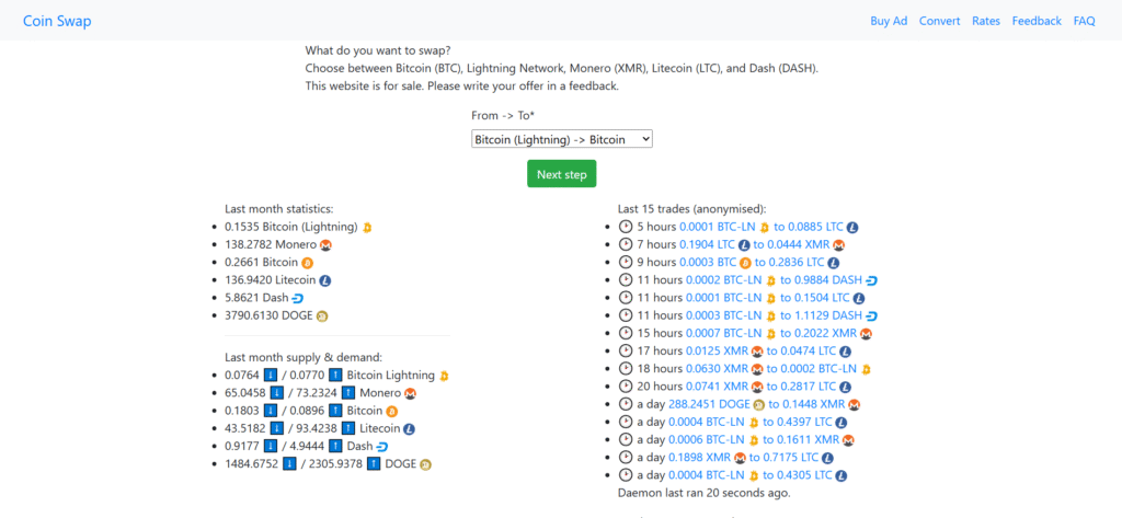 CoinSwap homepage showing simple interface and Lightning Network support for best no kyc crypto exchanges in the United Kingdom