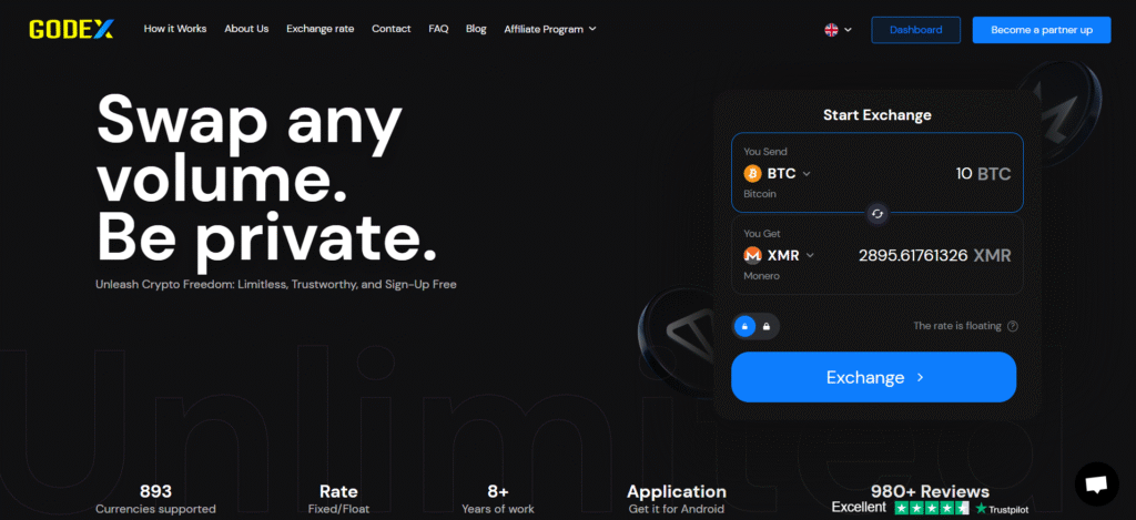 Godex instant swap interface supporting 300+ cryptocurrencies as top no KYC crypto exchanges in India