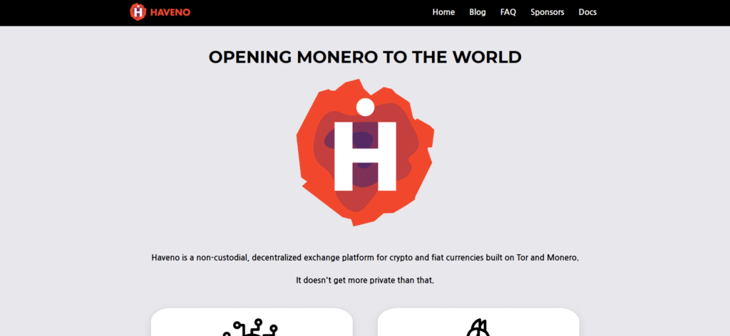 Haveno DEX homepage interface featuring Monero-based decentralized trading among crypto exchanges with no identity verification