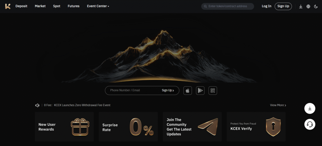 KCEX zero-fee platform homepage from best no kyc crypto exchanges with 30 BTC limits 