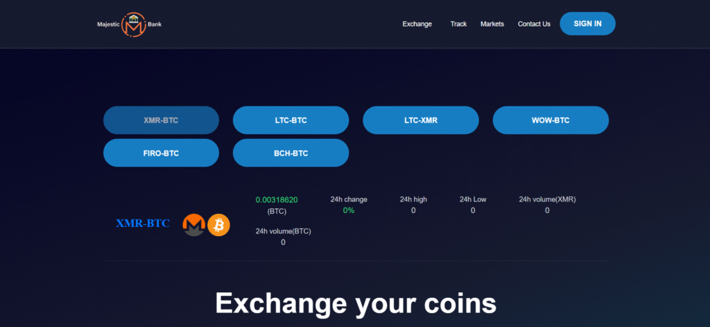Majestic Bank displaying privacy coin specialization and secure trading for best no kyc crypto exchanges in the United Kingdom