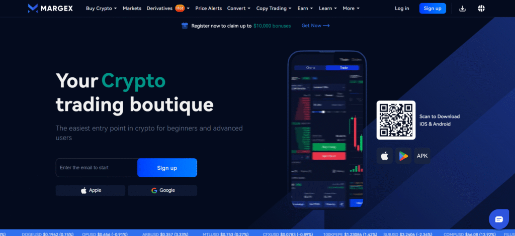 Margex professional interface offering 100x leverage among top no KYC crypto exchanges in India