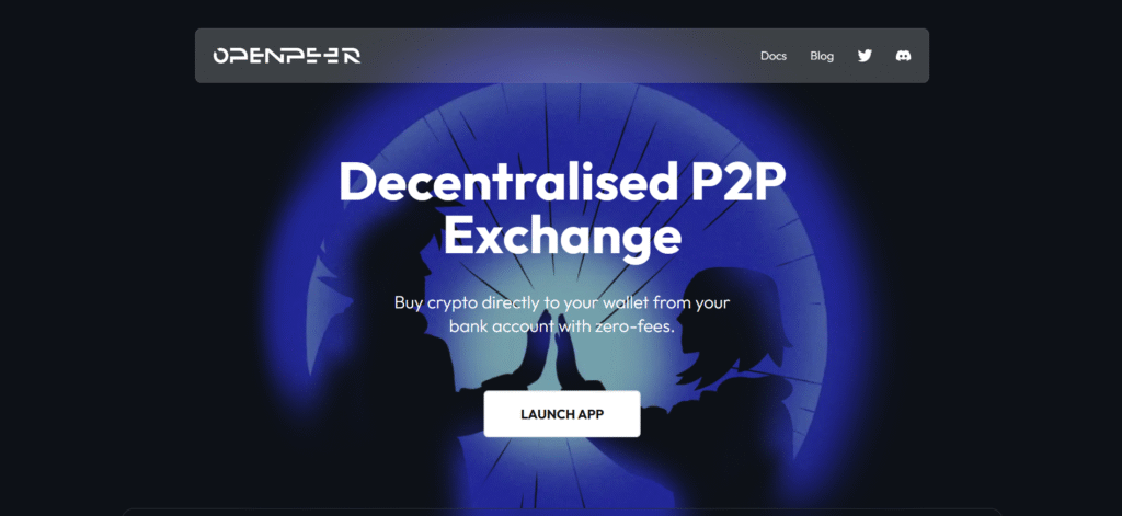 OpenPeer homepage featuring decentralized P2P protocol with multi-chain support among crypto exchanges that don't require KYC