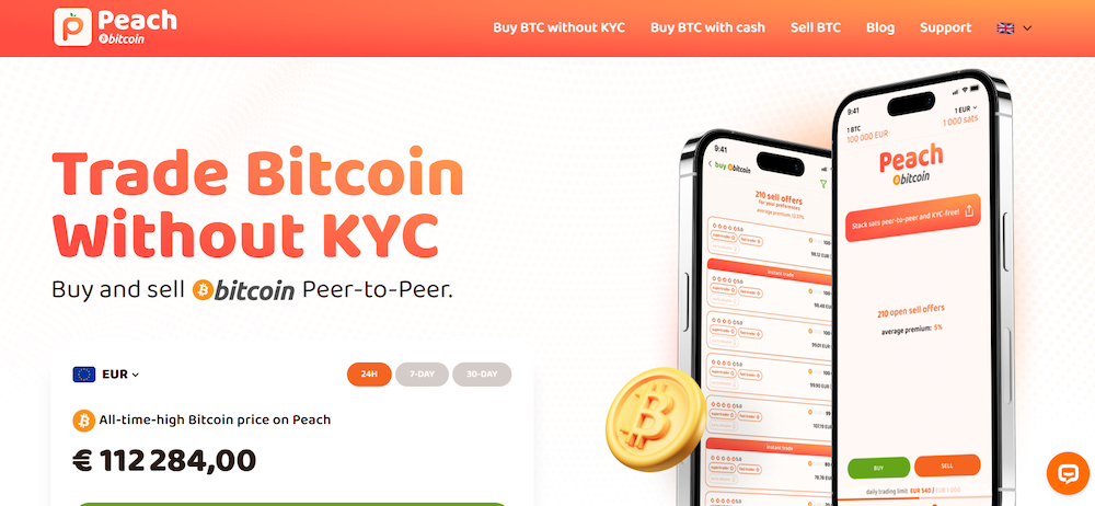 Peach Bitcoin homepage displaying Swiss-regulated P2P marketplace with mobile-first design among best no kyc crypto exchanges in the United States