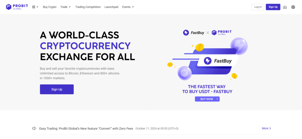 ProBit homepage interface showing global exchange platform with high daily limits for best no kyc crypto exchanges in the United States