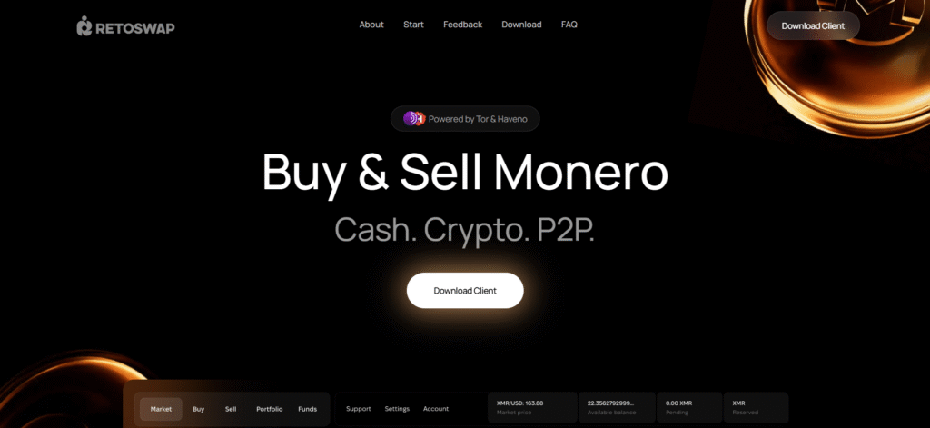 RetoSwap homepage interface displaying instant swap service with 200+ cryptocurrencies for best no kyc crypto exchanges in the United States