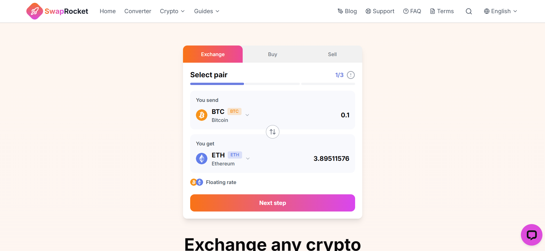SwapRocket homepage featuring 1500+ cryptocurrencies and global access for best no kyc crypto exchanges in the United Kingdom