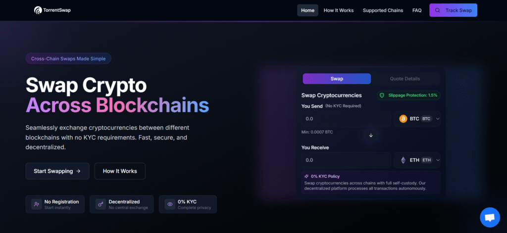 TorrentSwap interface showing cross-chain functionality and 1500+ cryptocurrencies for best no kyc crypto exchanges in the United Kingdom
