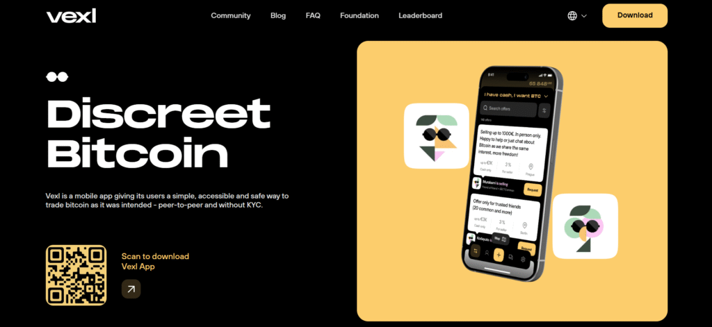 Vexl homepage interface showing social Bitcoin trading app with contact-based networking for best no kyc crypto exchanges in the United States