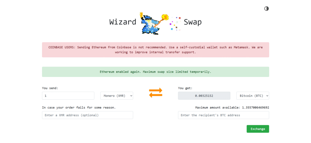 WizardSwap homepage showing privacy-focused exchange with Tor support and minimal data collection among best no kyc crypto exchanges in the United States
