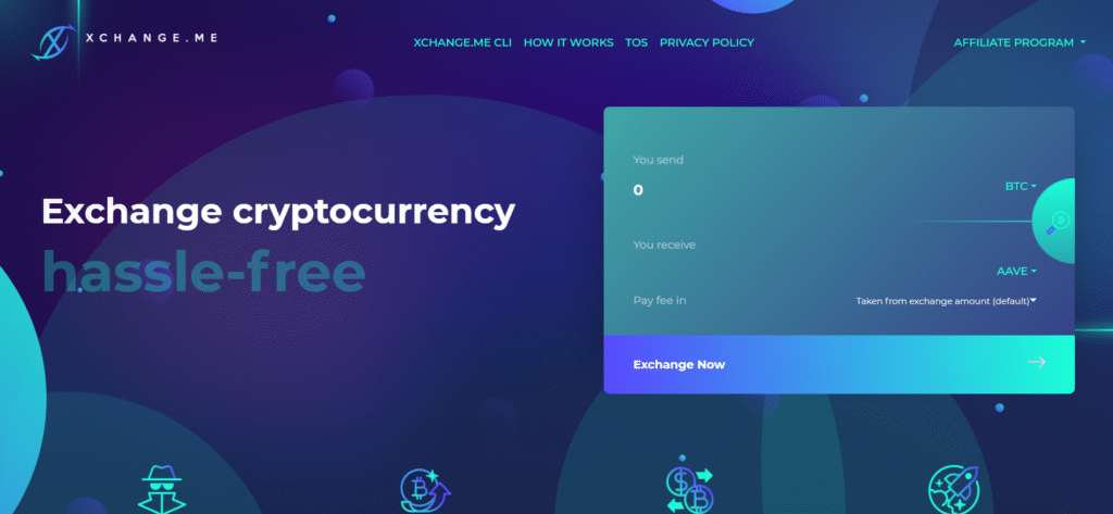xchange.me anonymous swap homepage featuring privacy tools among best no kyc crypto exchanges