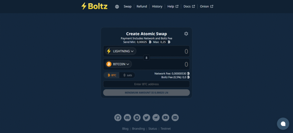 Página principal de Boltz, intercambio sin custodia de BTC y Lightning – Exchanges de Criptomonedas Sin KYC