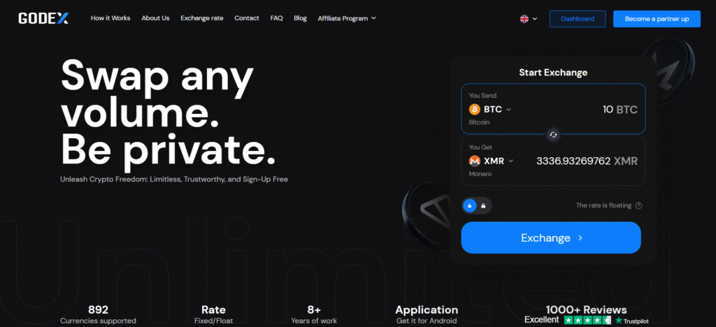 Godex — платформа для быстрого обмена 890+ криптовалют, лучшие криптобиржи без KYC
