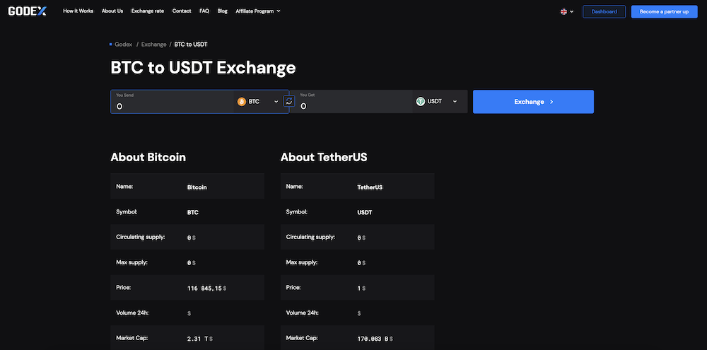 Godex BTC to USDT Exchange Services