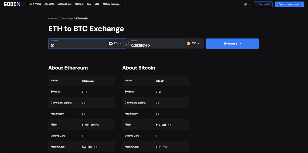 Godex ETH to BTC Exchange Services