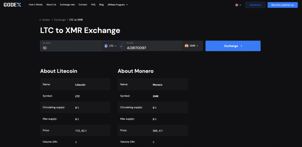 Godex LTC to XMR Crypto Exchange