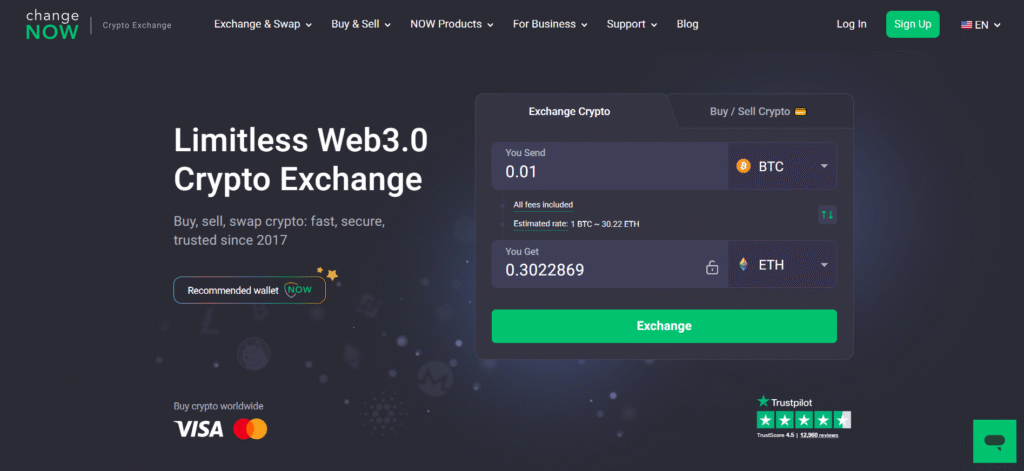 ChangeNOW crypto exchange platform featuring instant swaps and Trezor integration.
