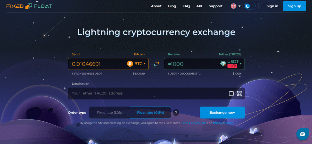 FixedFloat Lightning Network enabled crypto exchange platform with Trezor integration.