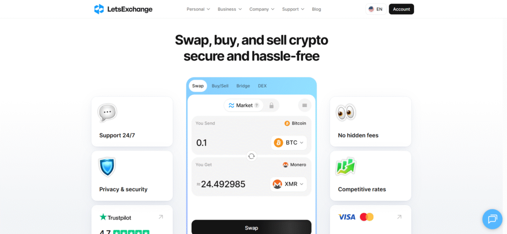 LetsExchange homepage displaying 4500 trading pairs and best crypto exchange features.