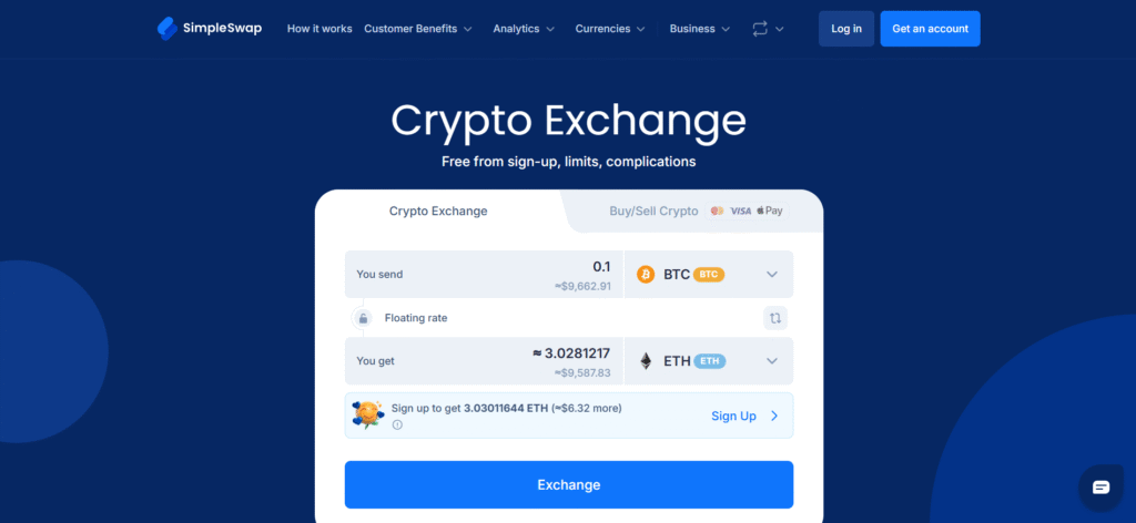 Best crypto exchange SimpleSwap homepage showing three-step trading interface.