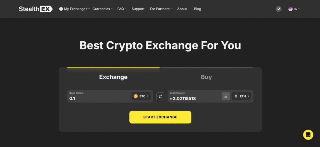 StealthEX anonymous trading interface supporting 1400 cryptocurrencies with Trezor integration.