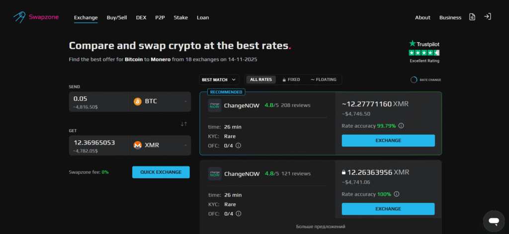 Swapzone rate aggregator comparing best crypto exchange deals with Trezor support.
