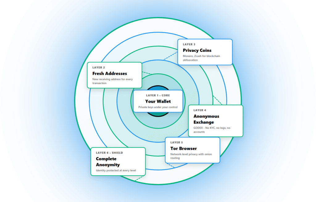 Six layers of cryptocurrency anonymity including private wallets, fresh addresses, privacy coins, anonymous exchanges like GODEX, Tor browser, and complete identity protection