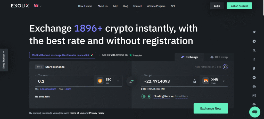 Exolix non-custodial exchange homepage supporting 1500 cryptocurrencies without KYC
