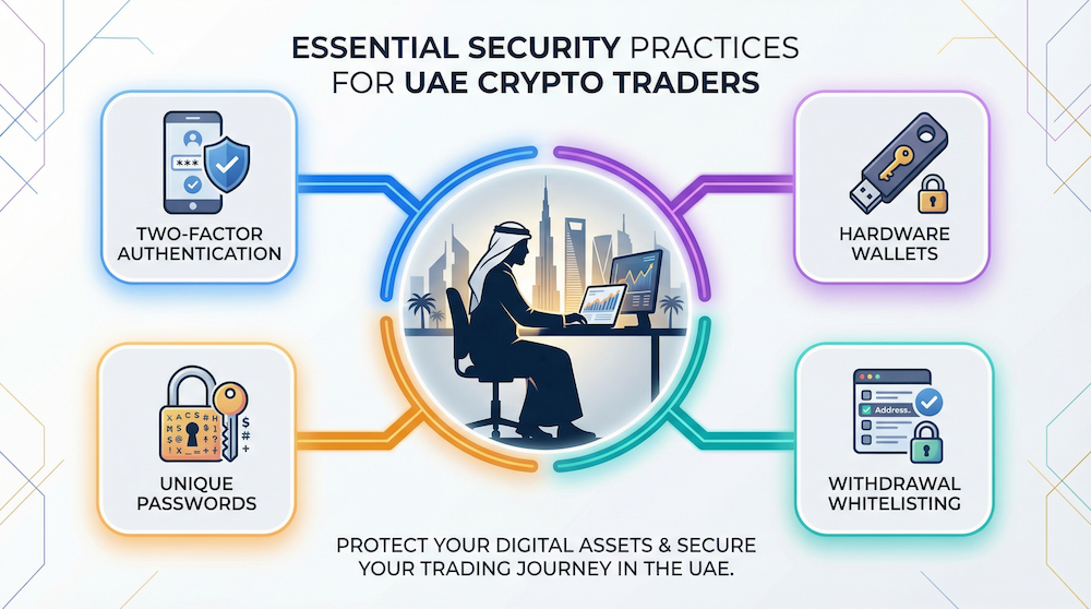 Essential security practices for cryptocurrency trading in Dubai including two-factor authentication hardware wallets unique passwords and withdrawal whitelisting for UAE digital asset protection.