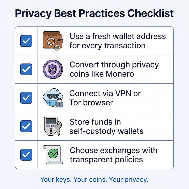 Crypto privacy checklist: use fresh wallet addresses, convert through Monero, connect via VPN or Tor, use self-custody wallets, choose transparent exchanges