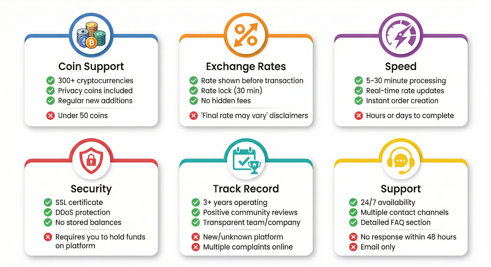 Checklist of six features to look for when choosing a crypto exchange without ID verification, including security, speed, and coin support indicators.