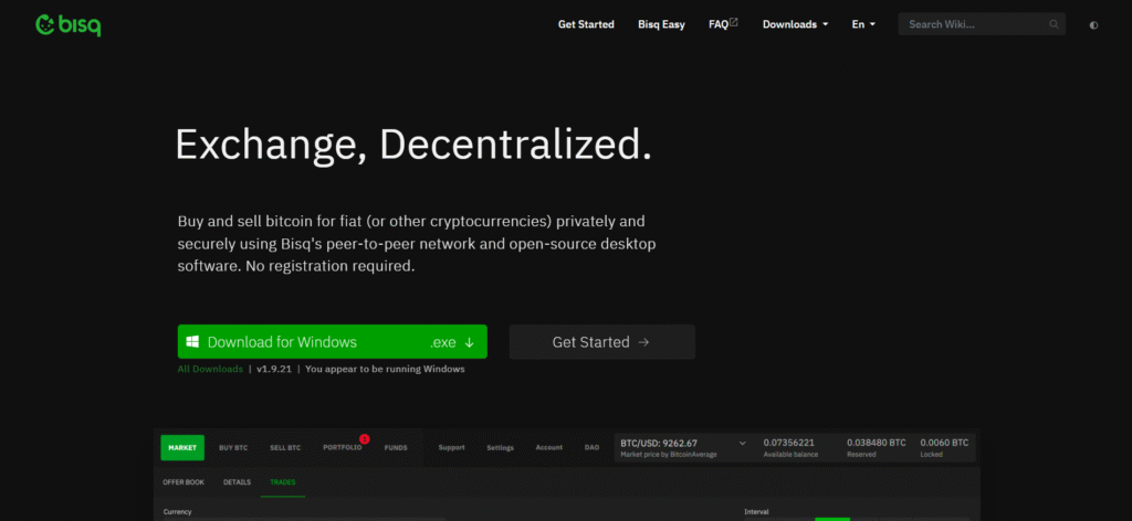 Bisq decentralized peer-to-peer platform among non KYC exchanges.