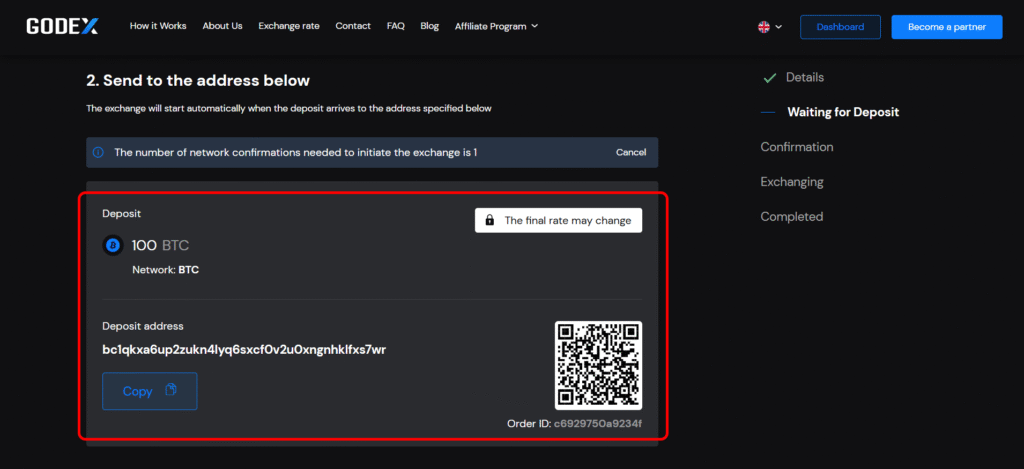 GODEX deposit screen with Bitcoin address, QR code, and order ID for sending cryptocurrency