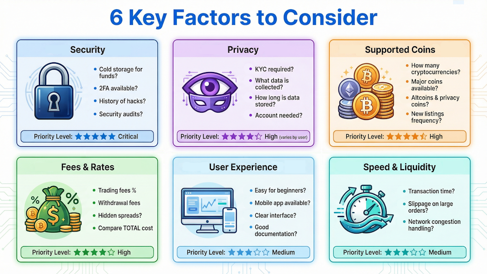 Six key factors for choosing a cryptocurrency exchange: Security (critical priority), Privacy (high priority), Supported Coins (high priority), Fees and Rates (high priority), User Experience (medium priority), and Speed and Liquidity (medium priority).