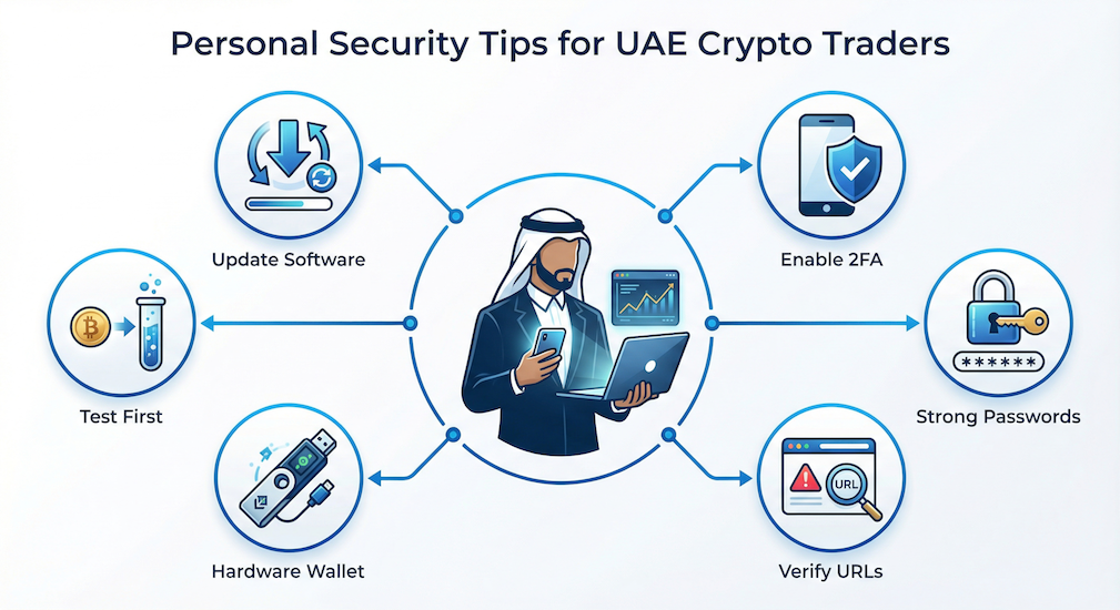Personal security tips for UAE crypto traders infographic showing six essential practices: Enable 2FA, Strong Passwords, Verify URLs, Hardware Wallet, Test First, Update Software.