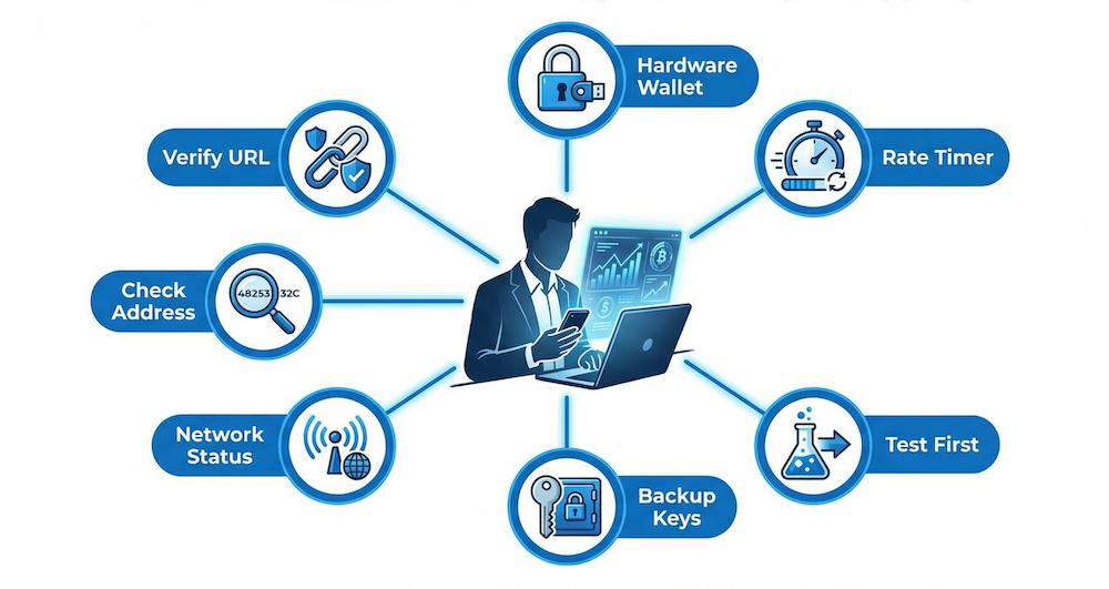 Seven security best practices for safe cryptocurrency swapping: hardware wallet, rate timer, URL verification, address check, network status, backup keys, test first