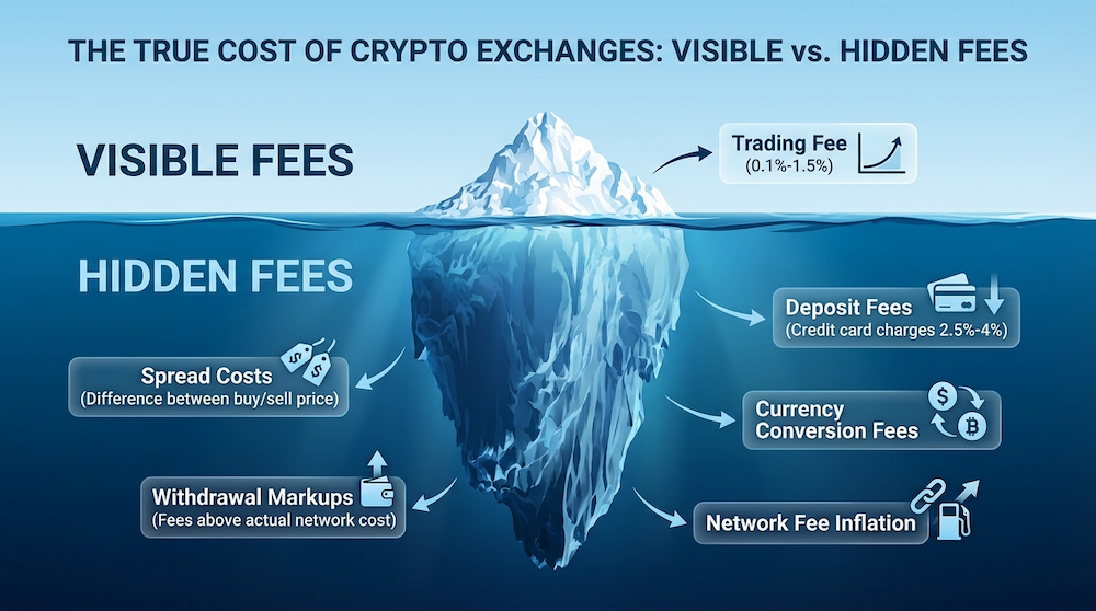 Infographic showing crypto exchange fee iceberg with visible trading fees above water and hidden costs below including spread costs, withdrawal markups, deposit fees, currency conversion fees, and network fee inflation.