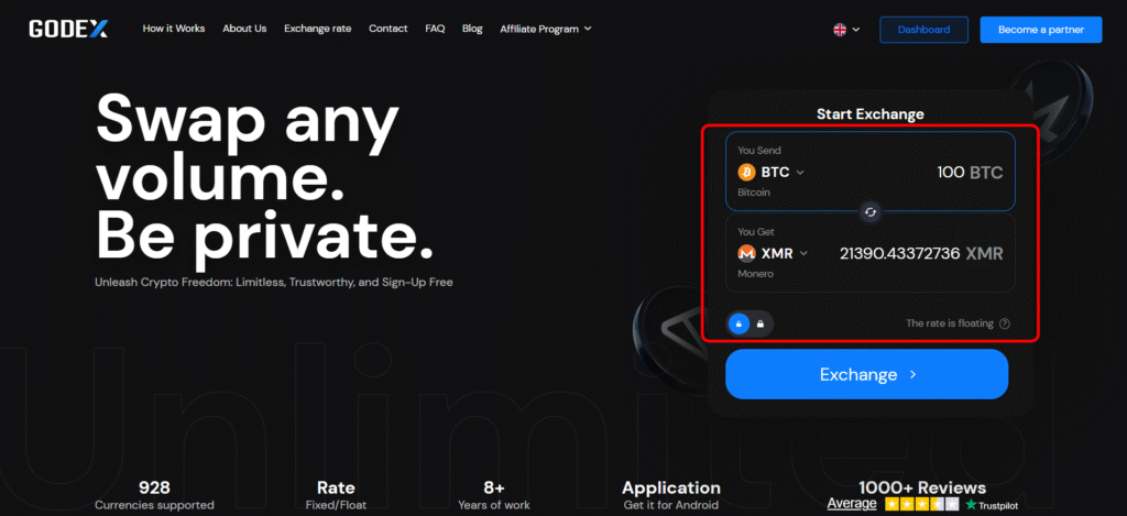 GODEX cryptocurrency converter interface to select coins and specify exchange amount for BTC to XMR swap with 928 supported currencies
