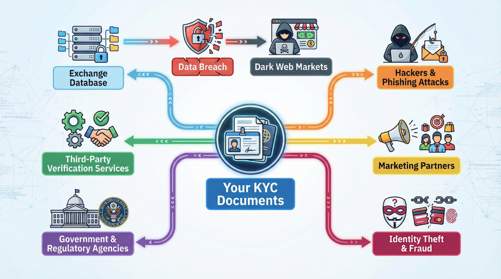 KYC document risks diagram showing how your identity data can reach exchange databases, data breaches, dark web markets, hackers, government agencies, and marketing partners