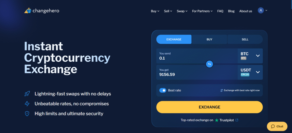 ChangeHero simple trading interface for non KYC crypto exchanges.