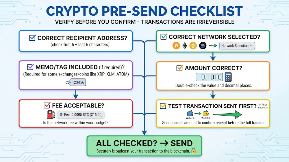 Crypto pre-send safety checklist infographic showing six verification steps before confirming a transaction: check recipient address, select correct network, include memo or tag if required, verify amount, confirm fee is acceptable, and send test transaction first for large amounts.