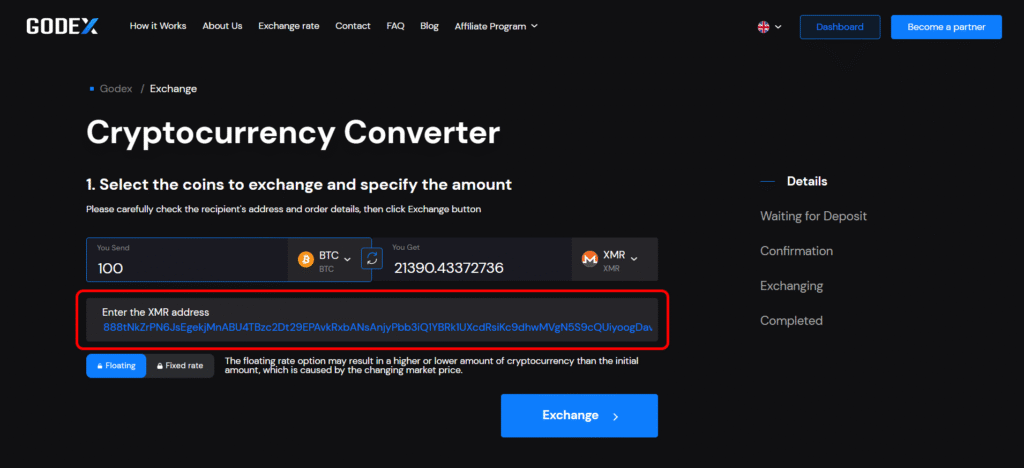 GODEX cryptocurrency exchange showing receiving address specifying interface
