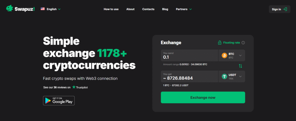 Swapuz non-custodial exchange without KYC homepage supporting over 3000 cryptocurrencies